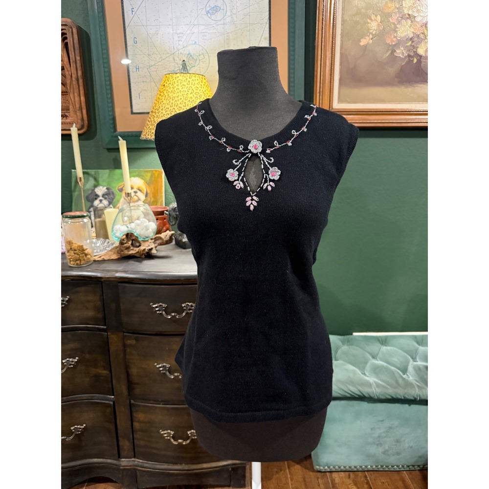 Storybook Knits Black Beaded Floral Keyhole Sweater Tank Top Plus 1X Vintage HSN